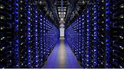 A bustling mining farm optimized for low-energy operations in a renewable-rich environment